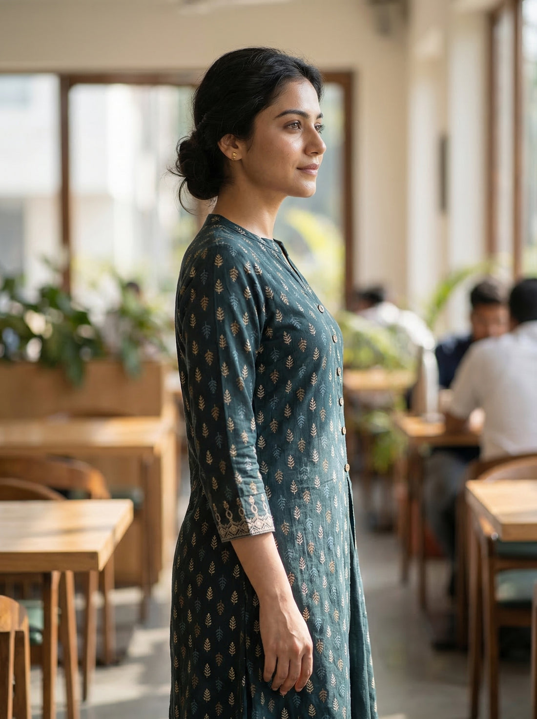 Lily Bottle Green Printed Viscose Kurta Set with Leaf Buta Motifs and Embroidered Sleeve Border