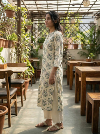 Lily Cream Viscose Kurta Set with Green Leaf Print