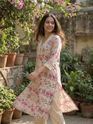 Pure Cotton Hazel Pink Floral Printed Kurta Set with Crochet Lace Detailing