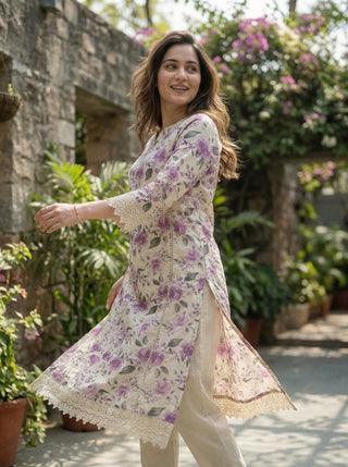 Hazel Purple Floral Printed Cotton Kurta Set with Crochet Lace Detailing