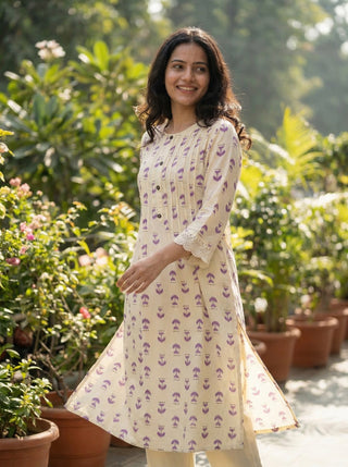 Lily Purple Printed Viscose Kurta Set with Abstract Buta Motifs and Lace Sleeve Detailing