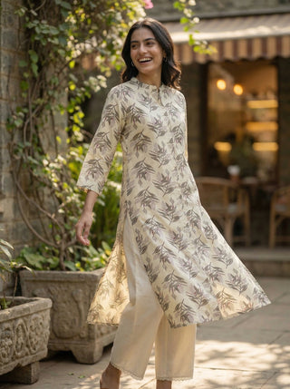 Lily Cream Viscose Kurta Set with Olive Leaf Print