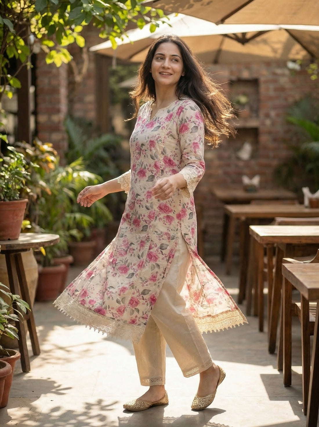 Hazel Pink Floral Printed Cotton Kurta Set with Crochet Lace Detailing