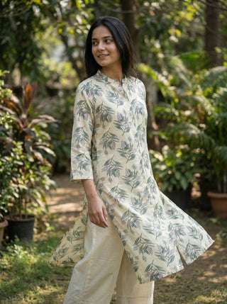Lily Cream Viscose Kurta Set with Green Leaf Print