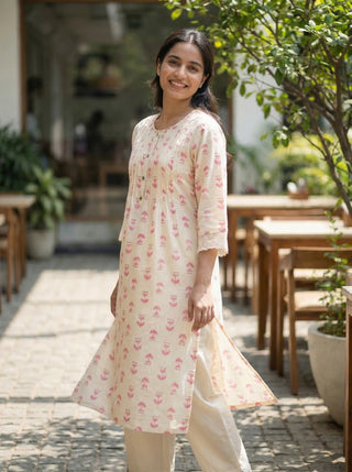 Lily Pink Printed Viscose Kurta Set with Abstract Buta Motifs and Lace Sleeve Detailing