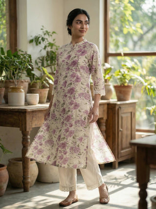 Lily Meadow Purple Floral Viscose Kurta Set with Elegant Lace Accents
