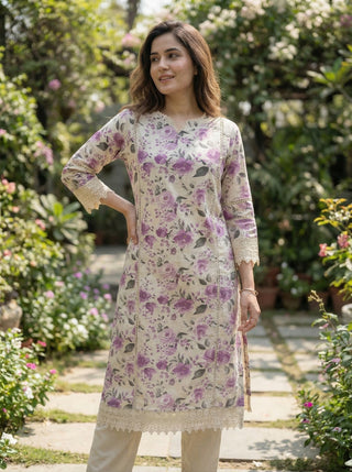 Hazel Purple Floral Printed Cotton Kurta Set with Crochet Lace Detailing