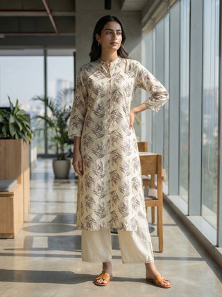 Lily Cream Viscose Kurta Set with Olive Leaf Print