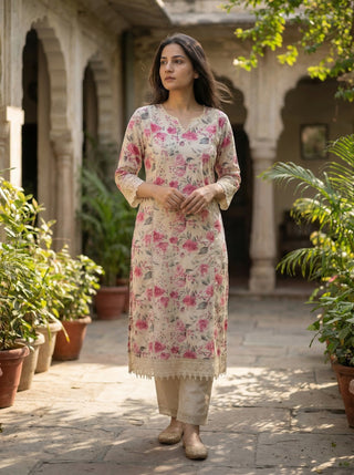 Hazel Pink Floral Printed Cotton Kurta Set with Crochet Lace Detailing