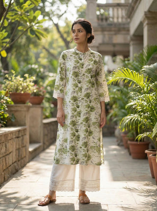 Lily Meadow Green Floral Viscose Kurta Set with Elegant Lace Accents