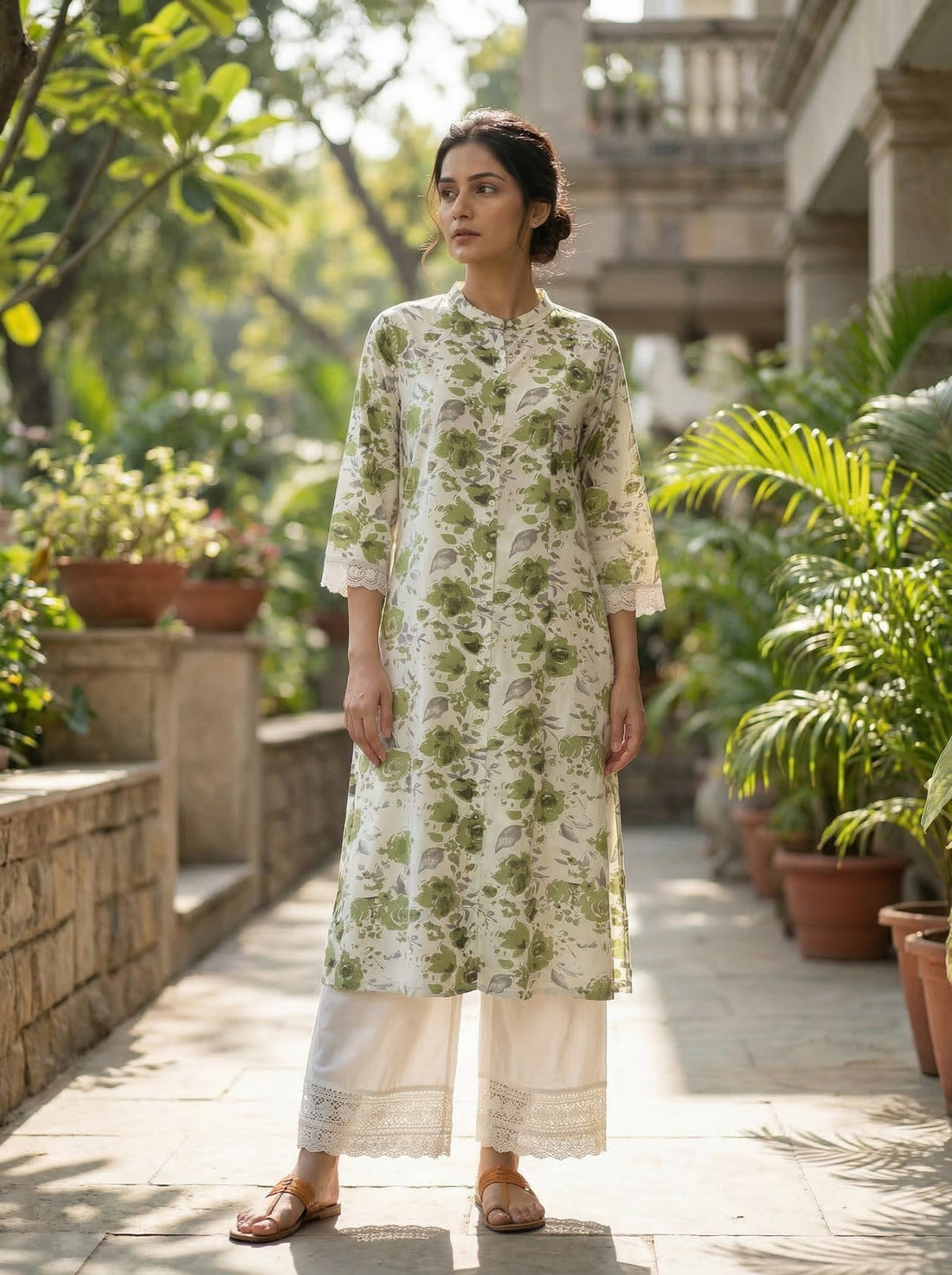 Lily Meadow Green Floral Viscose Kurta Set with Elegant Lace Accents