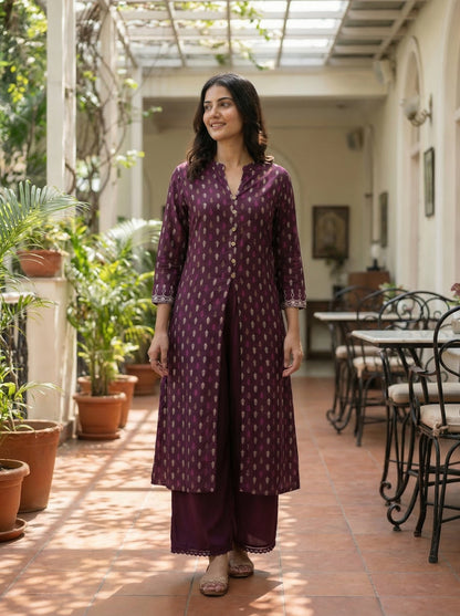 Lily Wine Printed Viscose Kurta Set with Leaf Buta Motifs and Embroidered Sleeve Border