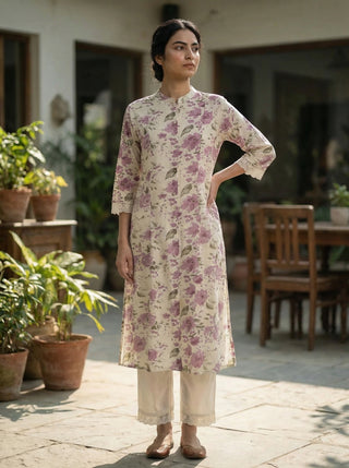 Lily Meadow Purple Floral Viscose Kurta Set with Elegant Lace Accents