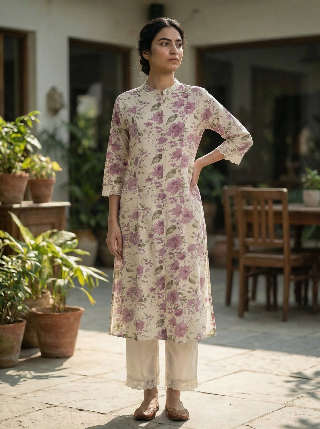 Lily Meadow Purple Floral Viscose Kurta Set with Elegant Lace Accents