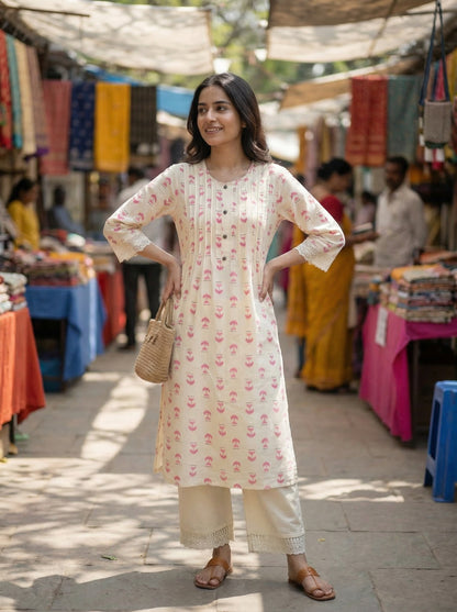Lily Pink Printed Viscose Kurta Set with Abstract Buta Motifs and Lace Sleeve Detailing