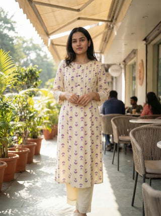 Lily Purple Printed Viscose Kurta Set with Abstract Buta Motifs and Lace Sleeve Detailing