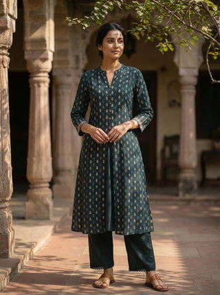 Lily Bottle Green Printed Viscose Kurta Set with Leaf Buta Motifs and Embroidered Sleeve Border