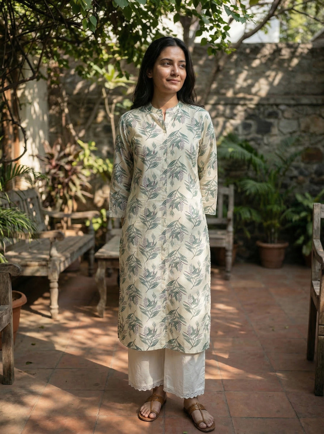 Lily Cream Viscose Kurta Set with Green Leaf Print