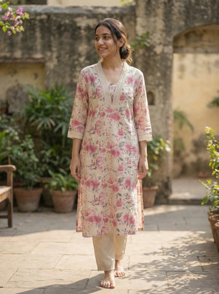 Pure Cotton Hazel Pink Floral Printed Kurta Set with Crochet Lace Detailing