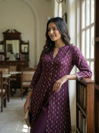 Lily Wine Printed Viscose Kurta Set with Leaf Buta Motifs and Embroidered Sleeve Border