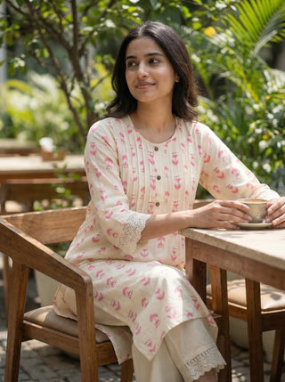 Lily Pink Printed Viscose Kurta Set with Abstract Buta Motifs and Lace Sleeve Detailing