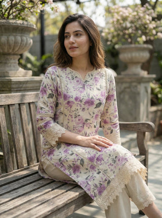 Hazel Purple Floral Printed Cotton Kurta Set with Crochet Lace Detailing