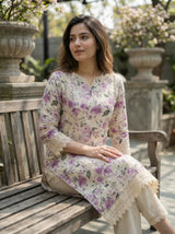 Hazel Purple Floral Printed Cotton Kurta Set with Crochet Lace Detailing