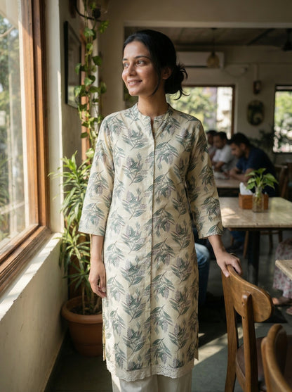 Lily Cream Viscose Kurta Set with Green Leaf Print
