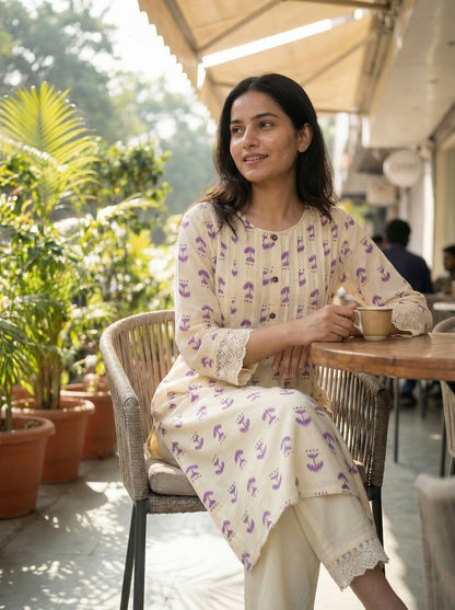 Lily Purple Printed Viscose Kurta Set with Abstract Buta Motifs and Lace Sleeve Detailing