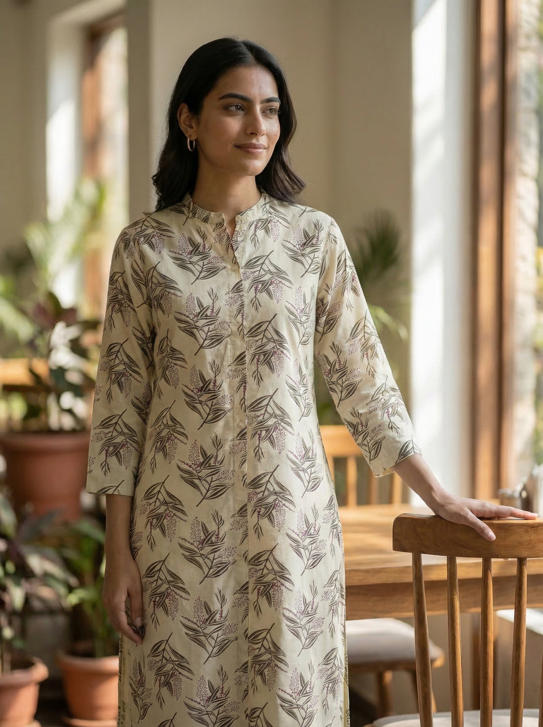 Lily Cream Viscose Kurta Set with Olive Leaf Print