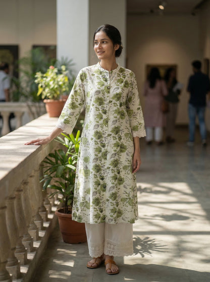Lily Meadow Green Floral Viscose Kurta Set with Elegant Lace Accents