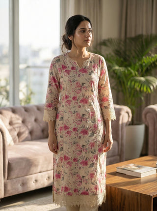 Hazel Pink Floral Printed Cotton Kurta Set with Crochet Lace Detailing
