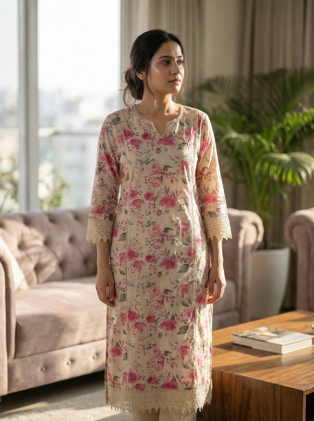 Hazel Pink Floral Printed Cotton Kurta Set with Crochet Lace Detailing