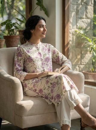 Lily Meadow Purple Floral Viscose Kurta Set with Elegant Lace Accents
