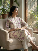 Lily Meadow Purple Floral Viscose Kurta Set with Elegant Lace Accents