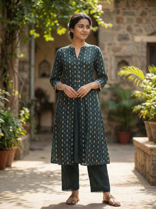 Lily Bottle Green Printed Viscose Kurta Set with Leaf Buta Motifs and Embroidered Sleeve Border