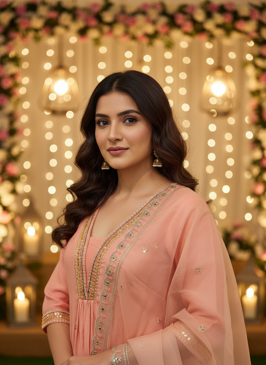 Peach Silk Embroidered Kurta Pant Set with Dupatta | Festive & Wedding Wear for Women