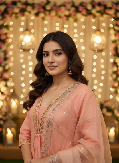 Peach Silk Embroidered Kurta Pant Set with Dupatta | Festive & Wedding Wear for Women