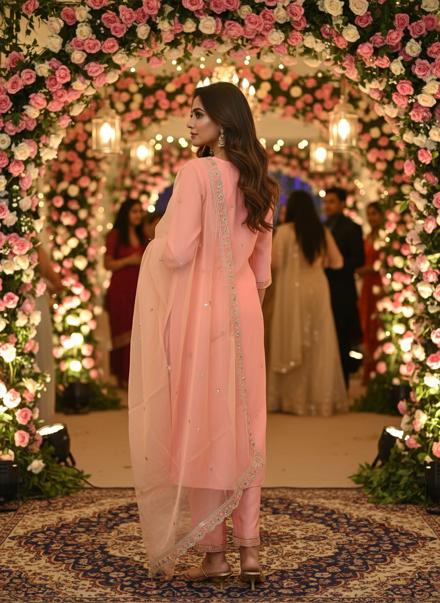 Peach Silk Embroidered Kurta Pant Set with Dupatta | Festive & Wedding Wear for Women