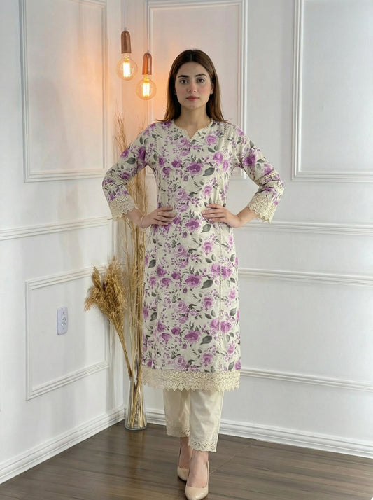 BulBul Hazel Purple Floral Printed Cotton Kurta Set