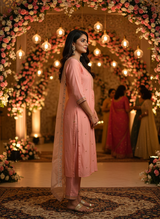 Peach Silk Embroidered Kurta Pant Set with Dupatta | Festive & Wedding Wear for Women