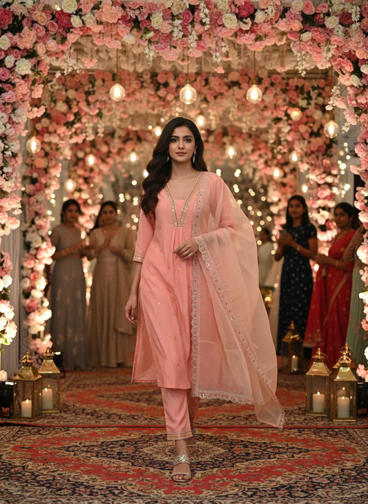 Peach Silk Embroidered Kurta Pant Set with Dupatta | Festive & Wedding Wear for Women