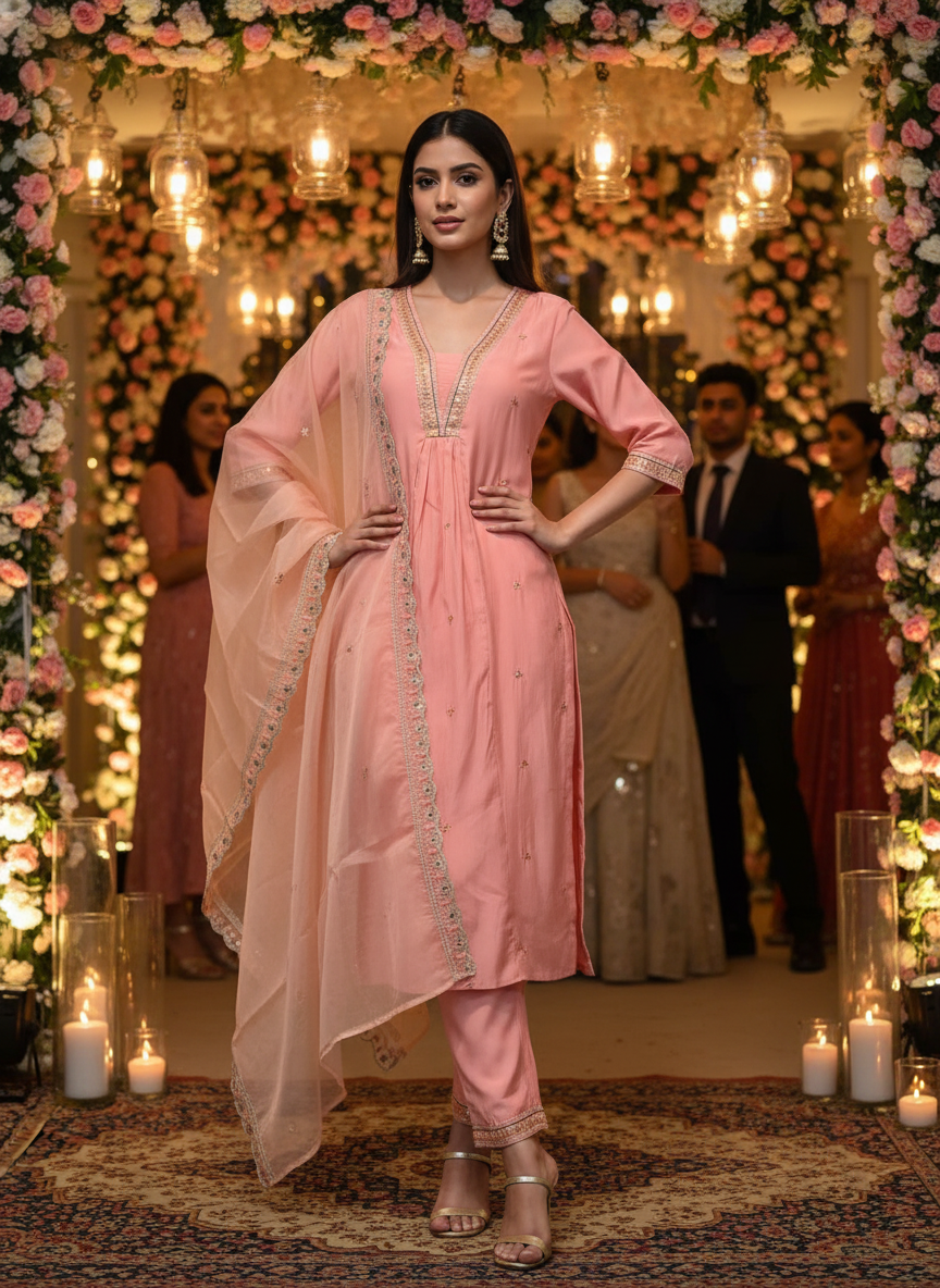 Peach Silk Embroidered Kurta Pant Set with Dupatta | Festive & Wedding Wear for Women