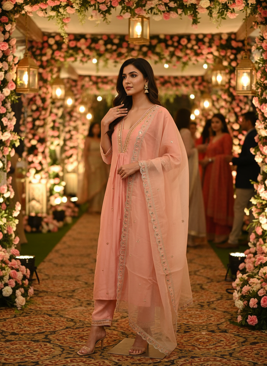 Peach Silk Embroidered Kurta Pant Set with Dupatta | Festive & Wedding Wear for Women