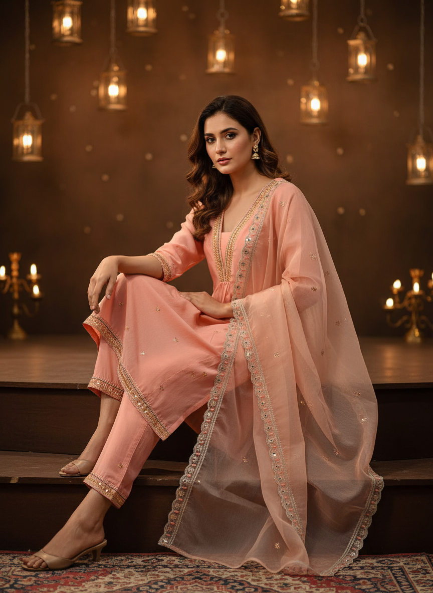 Peach Silk Embroidered Kurta Pant Set with Dupatta | Festive & Wedding Wear for Women