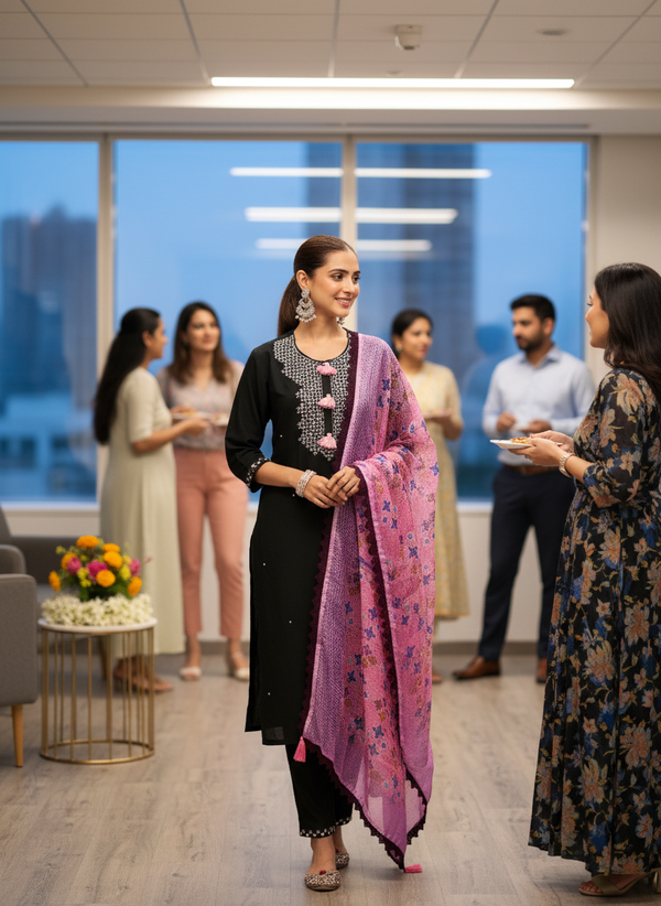 Bhumi Black Multicolor Thread & Sequin Embroidered Yoke Kurta Set with Tassel Detailing in Chanderi Silk with Cotton Mul Lining and Dupatta