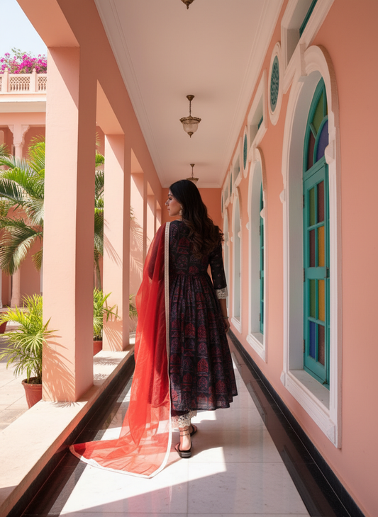 Bhumika Ajrakh Printed Kurta Set with Hand Thread & Mirror Embroidered Yoke and Dupatta in Chanderi Silk