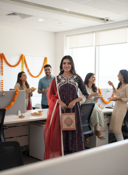 Bhumika Ajrakh Printed Kurta Set with Hand Thread & Mirror Embroidered Yoke and Dupatta in Chanderi Silk