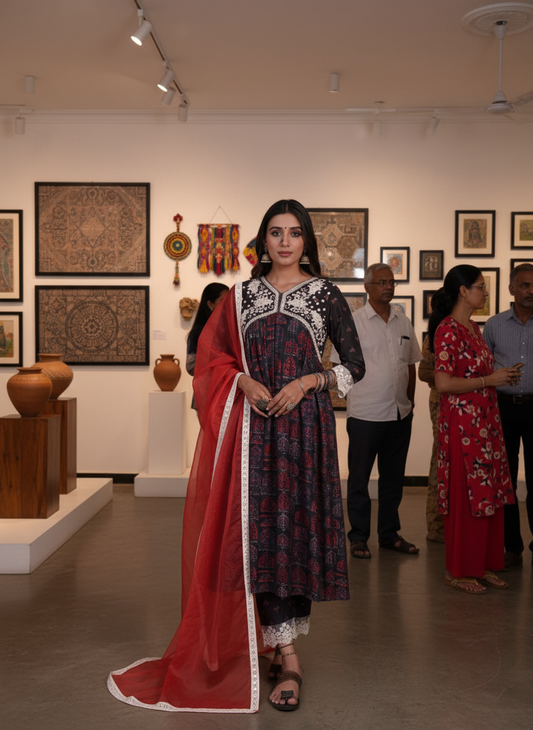 Bhumika Ajrakh Printed Kurta Set with Hand Thread & Mirror Embroidered Yoke and Dupatta in Chanderi Silk