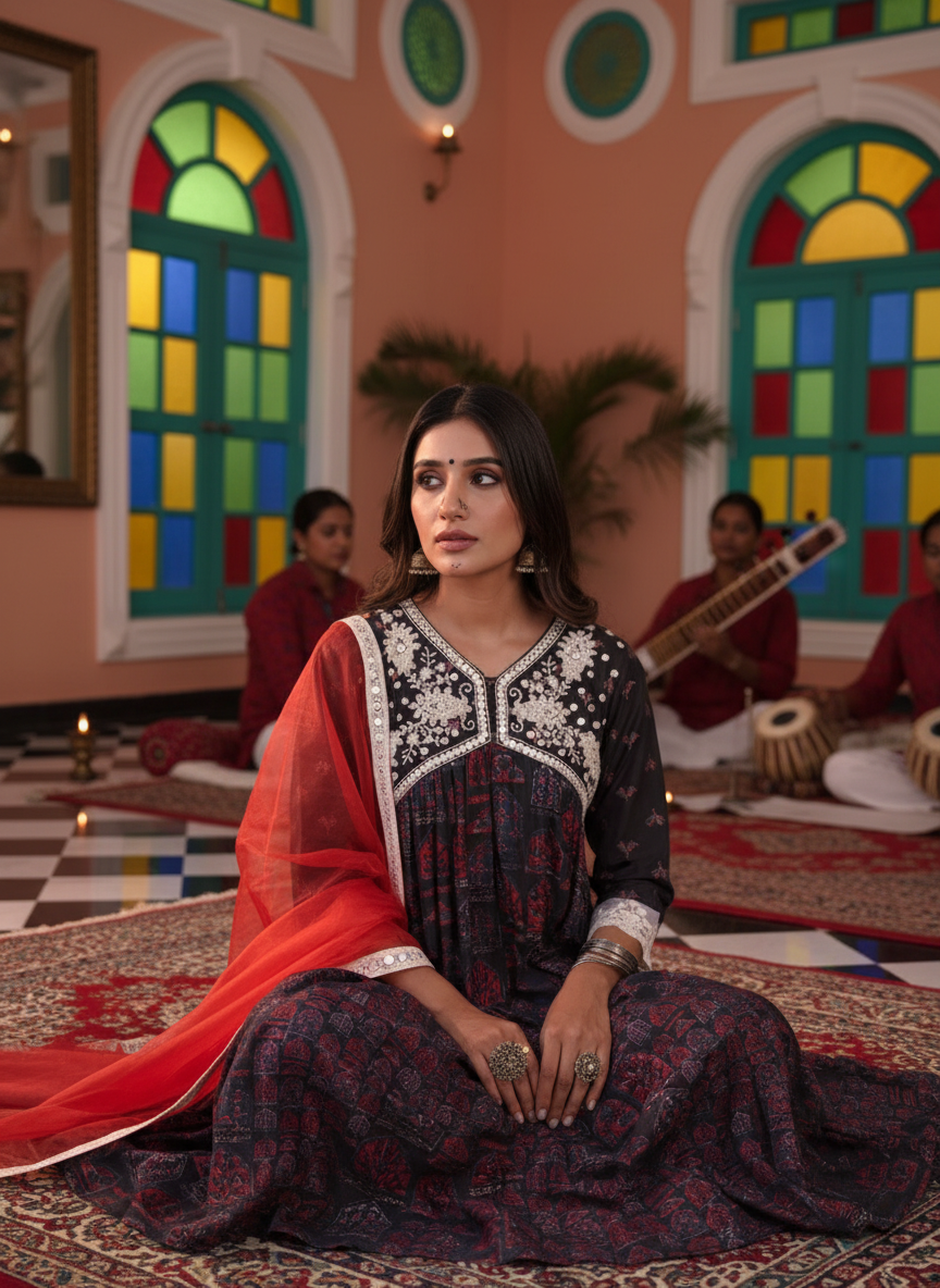 Bhumika Ajrakh Printed Kurta Set with Hand Thread & Mirror Embroidered Yoke and Dupatta in Chanderi Silk